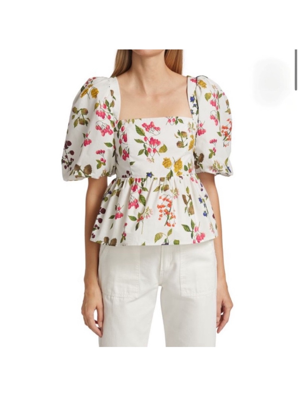 Cara Cara - Alexis Puff Sleeve Peplum Top in White and Floral - 100% Cotton